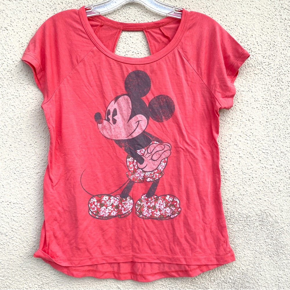 DISNEY MICKEY MOUSE tee shirt top red graphic print image black keyhole floral